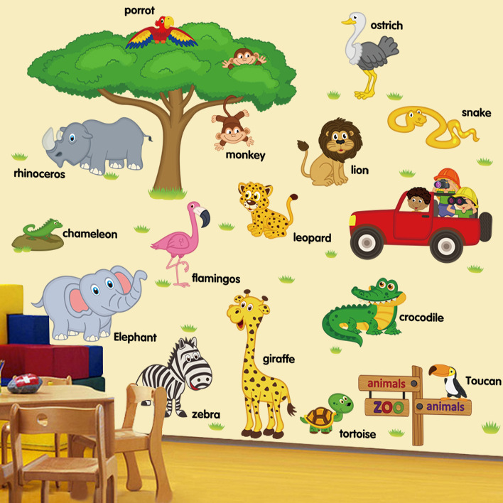 New Kidsren's Early Education Stickers Animal English Wall Stickers Kindergarten Classroom Decoration Removable Stickers Sk9084