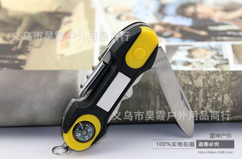 不锈钢带灯带指针7开多功能军刀 多功能折叠军刀 91mm军刀