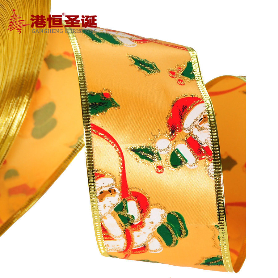 Cinta decorativa navideña con diseño de Papá Noel en dorado, cinta de decoración navideña, cinta jacquard metálica al por mayor