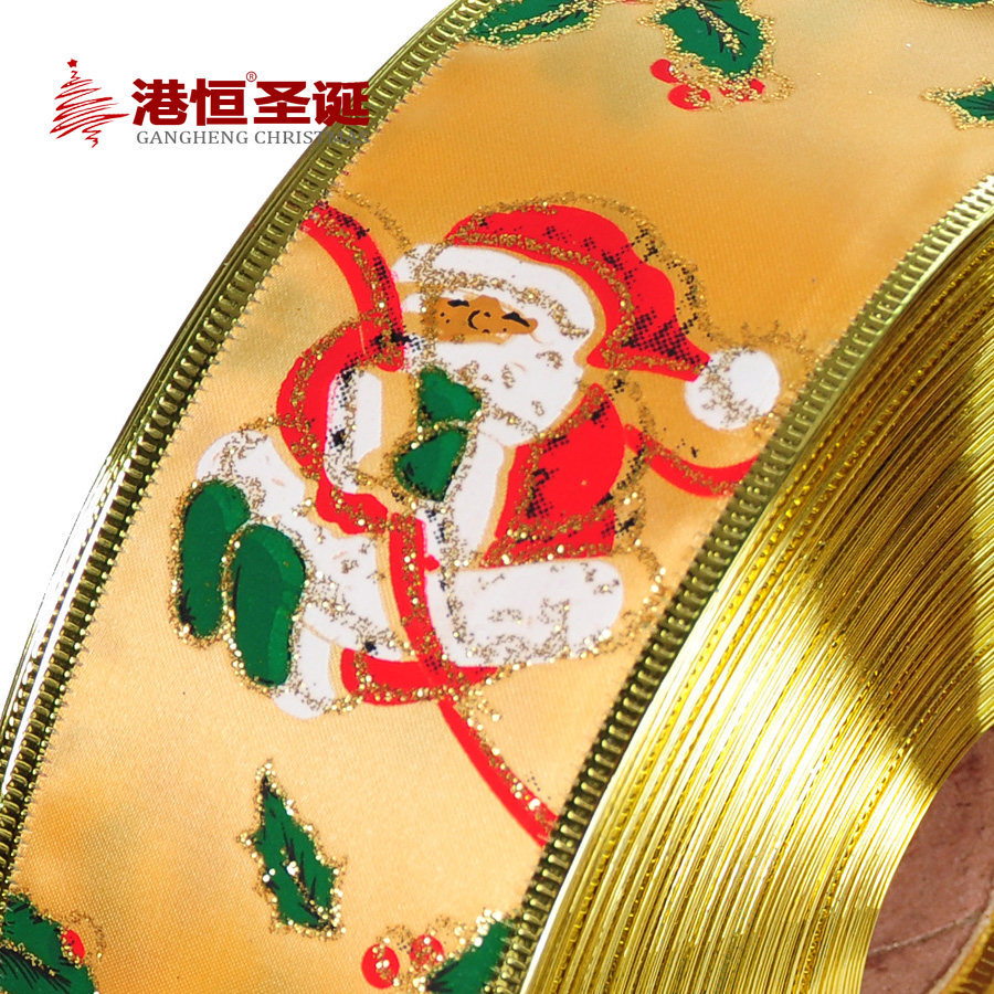Cinta decorativa navideña con diseño de Papá Noel en dorado, cinta de decoración navideña, cinta jacquard metálica al por mayor