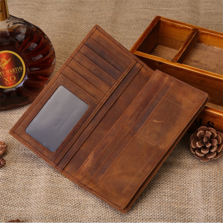 Venta al por mayor Crazy Horse cuero larga cartera de los hombres Cartera de cuero genuino bolsa de plata vintage negocio ampliado primera capa de piel de vaca cartera