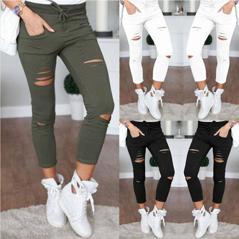 Ebay Europe Foreign Trade Pencil Pants Summer Hot Sale Ripped Pants Women's Leggings Manufacturer In-Stock European and American High-Waisted