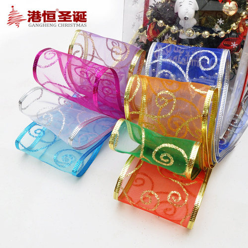 Christmas tree decorative ribbon 200x5cm pearl yarn onion pink circle hot stamping ribbon Christmas gift packaging ribbon