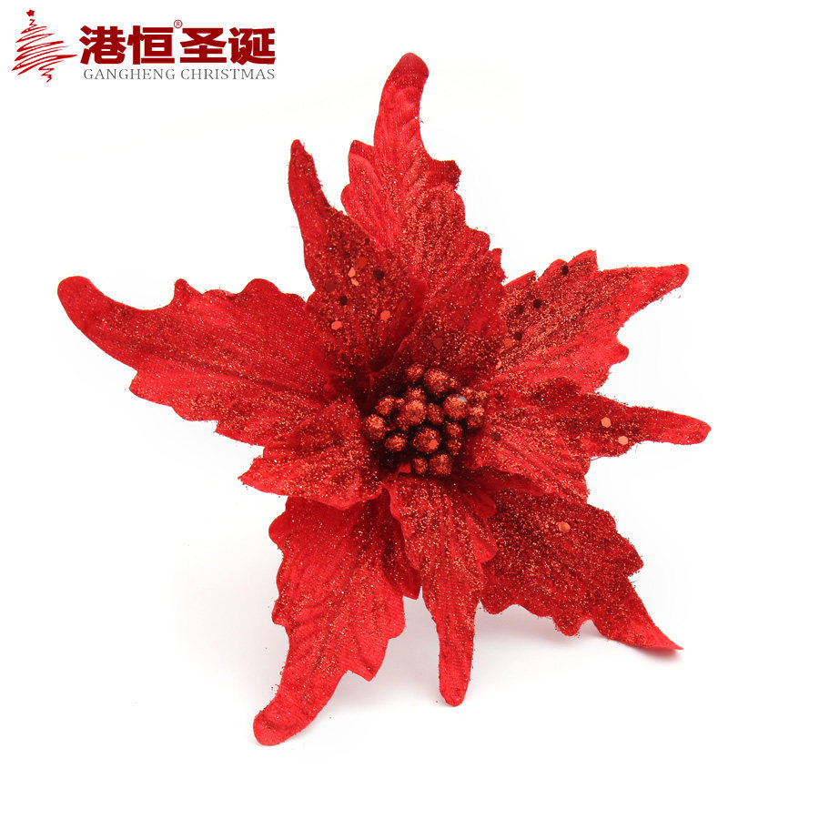 Flor artificial de Navidad 24cm Oro rojo blanco cola de Fénix Flor de Navidad lentejuelas en polvo ceremonia de boda de doble capa Flor decorativa de Navidad