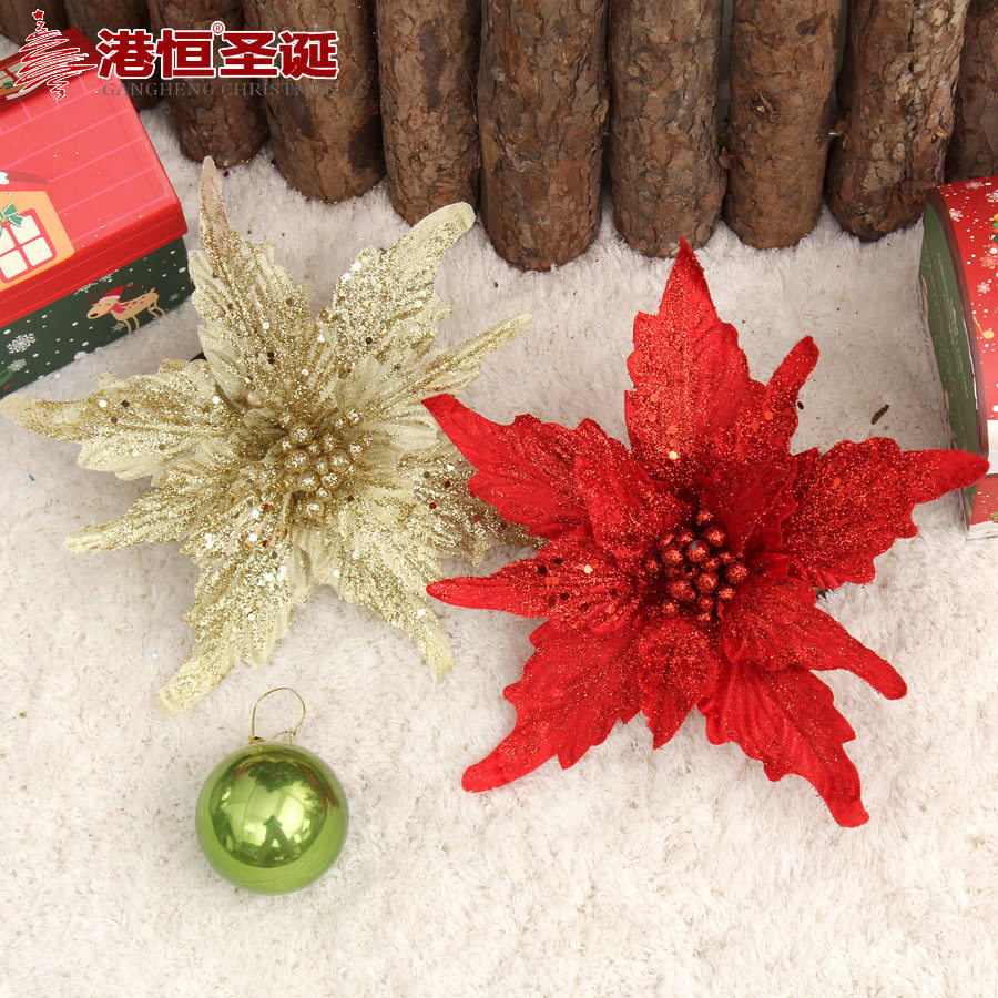 Flor artificial de Navidad 24cm Oro rojo blanco cola de Fénix Flor de Navidad lentejuelas en polvo ceremonia de boda de doble capa Flor decorativa de Navidad