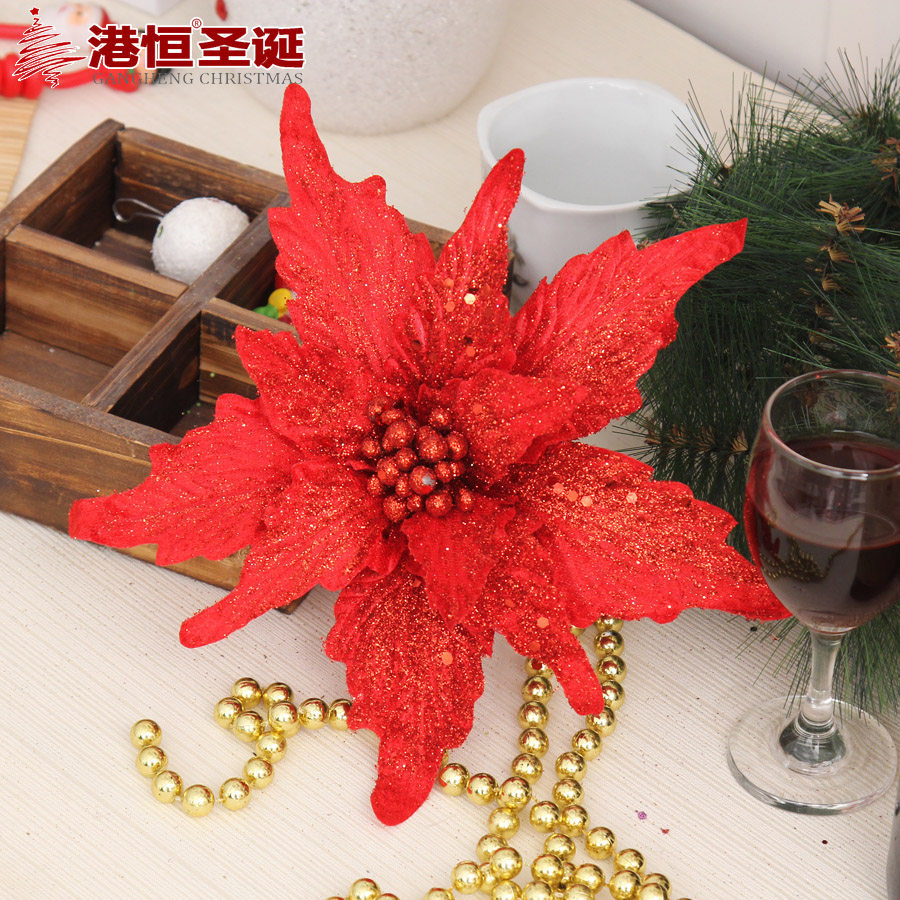 Flor artificial de Navidad 24cm Oro rojo blanco cola de Fénix Flor de Navidad lentejuelas en polvo ceremonia de boda de doble capa Flor decorativa de Navidad