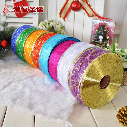 Christmas tree decorative ribbon 200x5cm pearl yarn onion pink circle hot stamping ribbon Christmas gift packaging ribbon