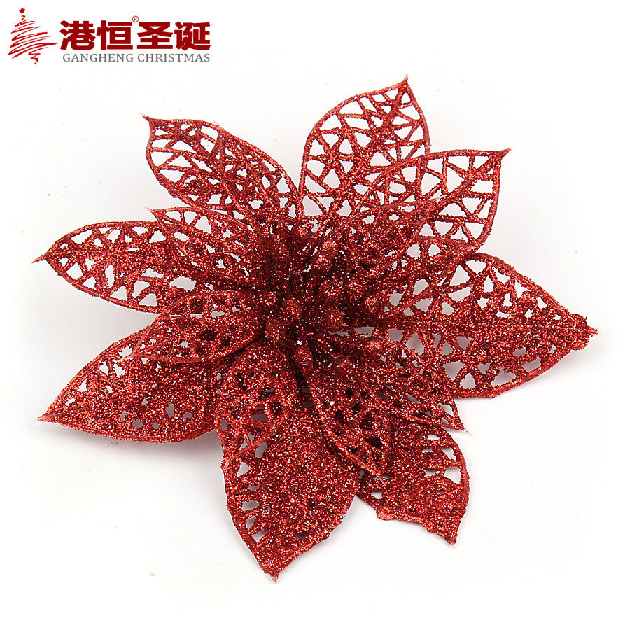 Flores navideñas huecas de polvo dorado, decoración para corona de árbol de Navidad, suministros navideños, adornos colgantes para ambiente navideño, decoraciones de flores artificiales