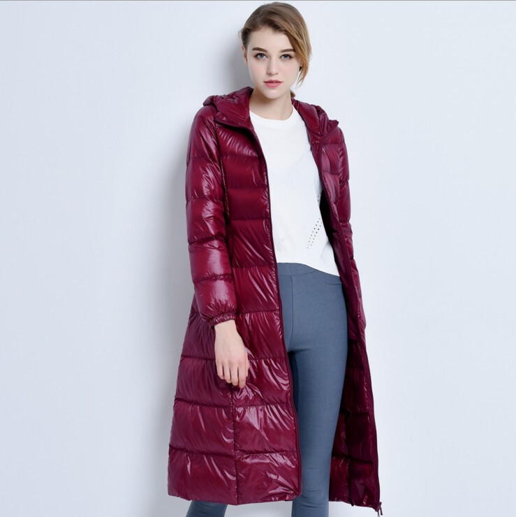 Cross-Border Autumn and Winter New Lightweight Slim-Fit Korean Style Extra-Long down Jacket for Women, Extra-Long Over-The-Knee Hooded Coat