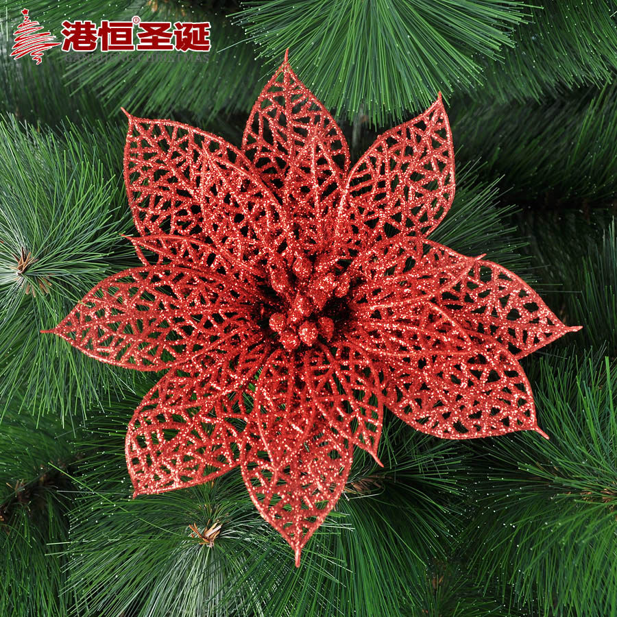 Flores navideñas huecas de polvo dorado, decoración para corona de árbol de Navidad, suministros navideños, adornos colgantes para ambiente navideño, decoraciones de flores artificiales