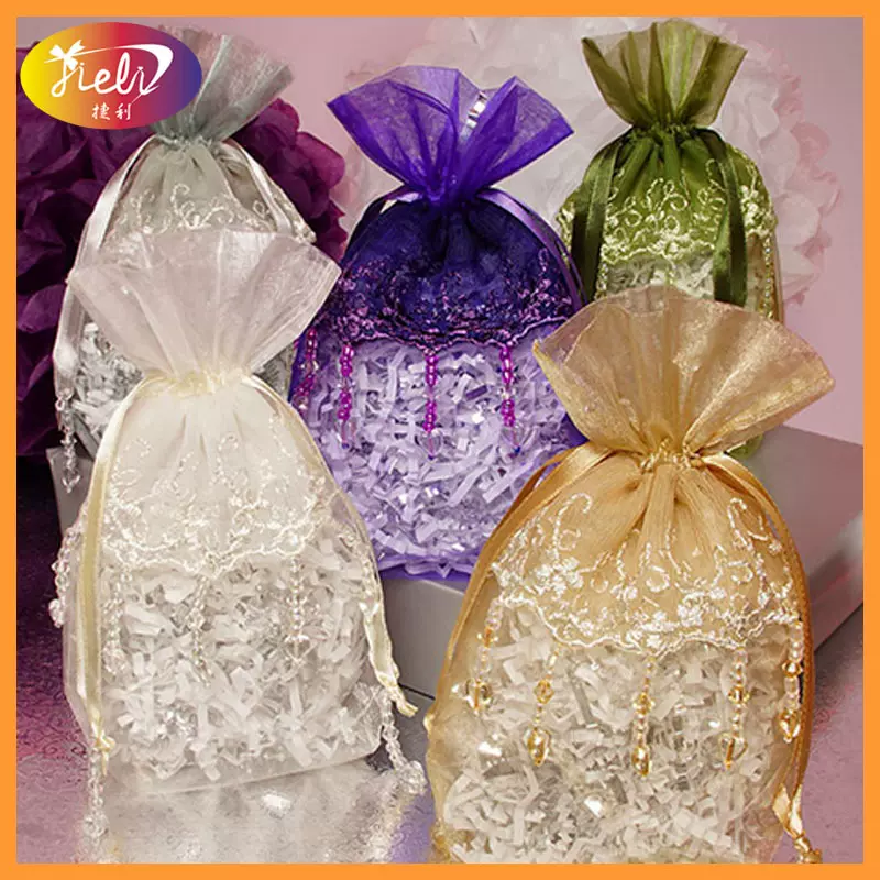 跨境精致珠子珍珠纱流苏束口袋纱袋  饰品包装花边拼接袋跨境热卖