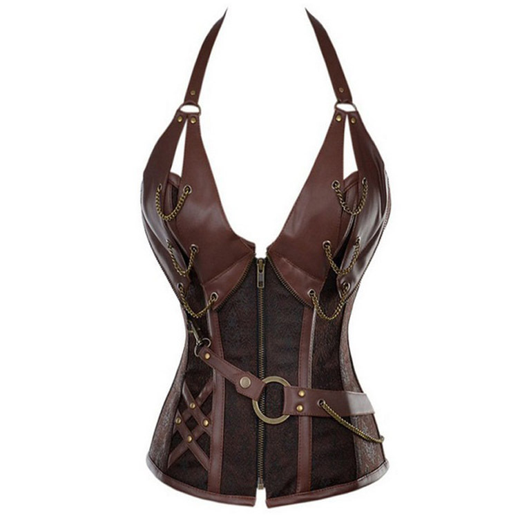 Foreign Trade Explosions Punk Gothic Steel Bone Corset Black Brown Leather Neck Shaper