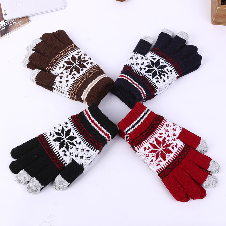 Estilo coreano jacquard copo de nieve Guantes Térmicos de los hombres guantes de punto guantes de la pantalla táctil al aire libre guantes de cuero