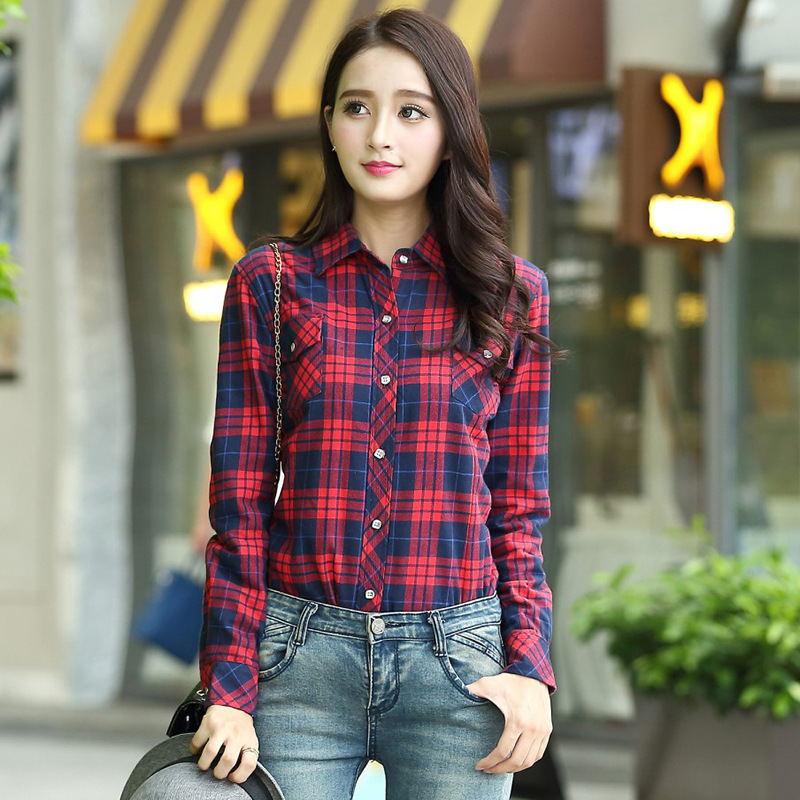 Cotton checkered Korean style warm shirt for women, long sleeved with thick velvet and slim fit, autumn and winter styles, plus plus plus plus plus plus plus size women's shirt