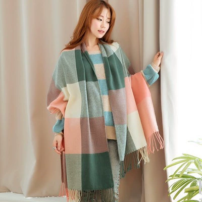 Double-Sided Faux Fur Scarf, 200×60 cm, Long Warm Soft Korean Style Plaid