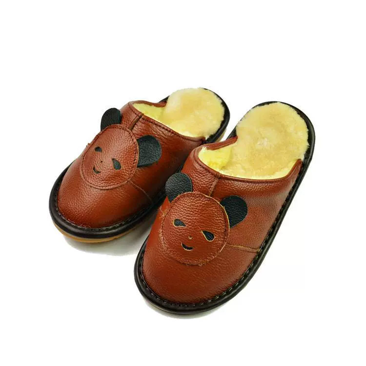 Детские тапочки из натуральной кожи для мальчиков и девочек, домашние хлопковые тапочки с маленькой пандой, домашние Нескользящие тапочки из воловьей кожи с тапочками из говядины