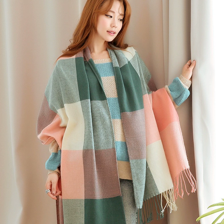 Double-Sided Faux Fur Scarf, 200×60 cm, Long Warm Soft Korean Style Plaid