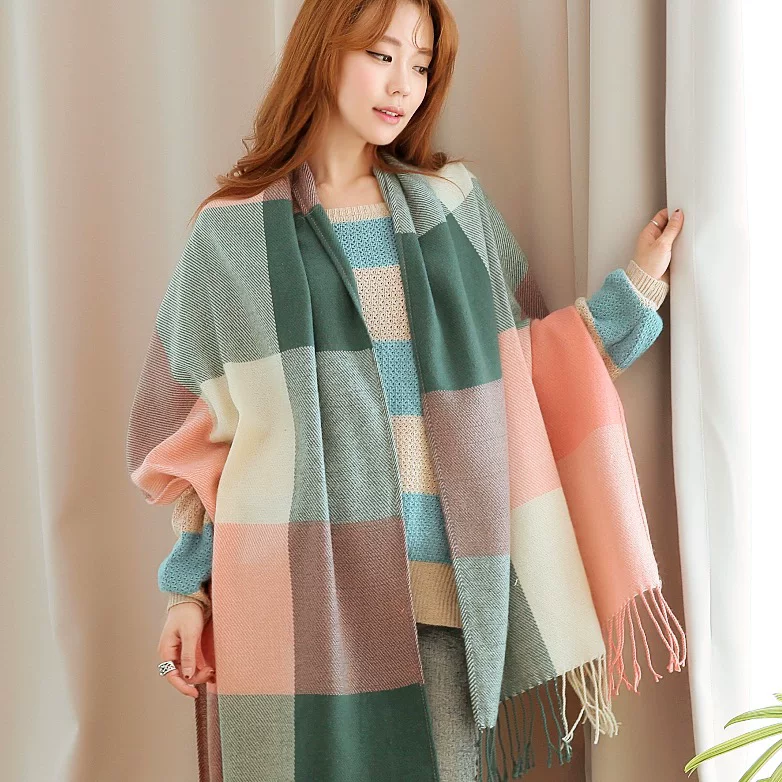 Double-Sided Faux Fur Scarf, 200×60 cm, Long Warm Soft Korean Style Plaid