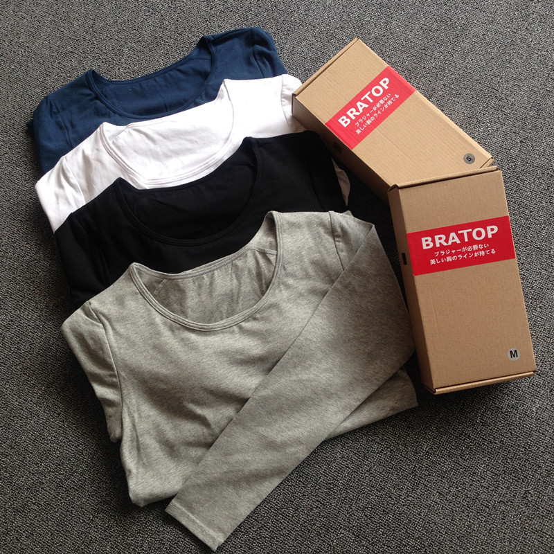 Foreign Trade Spring and Autumn Day Single Belt Packaging Home Women's Built-in Cup bra bra Long Sleeve T-shirt Base Shirt