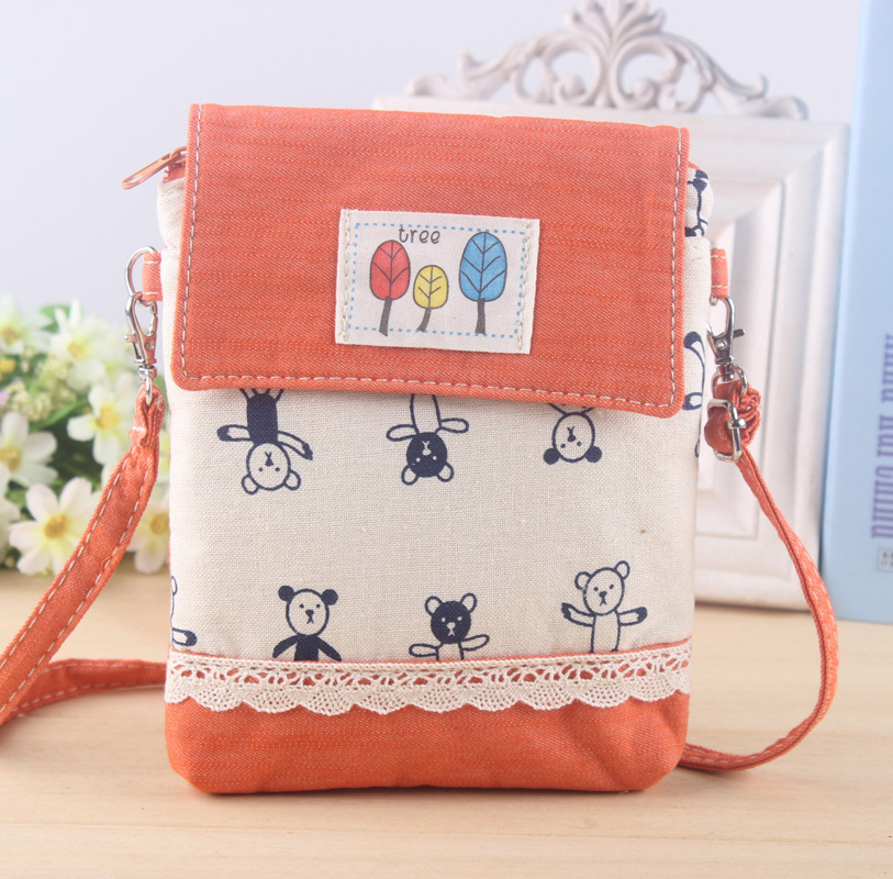 直销新款卡通小熊布艺斜挎女式大屏手机包休闲韩版蕾丝零钱包