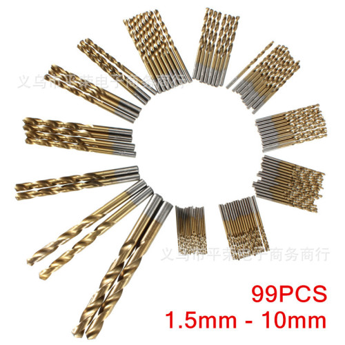 99pcs titanium plated twist drill bit straight handle high speed steel 4241 twist drill metal woodworking hole opener 1.5-10mm