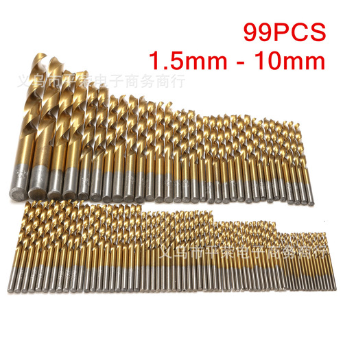 99pcs titanium plated twist drill bit straight handle high speed steel 4241 twist drill metal woodworking hole opener 1.5-10mm