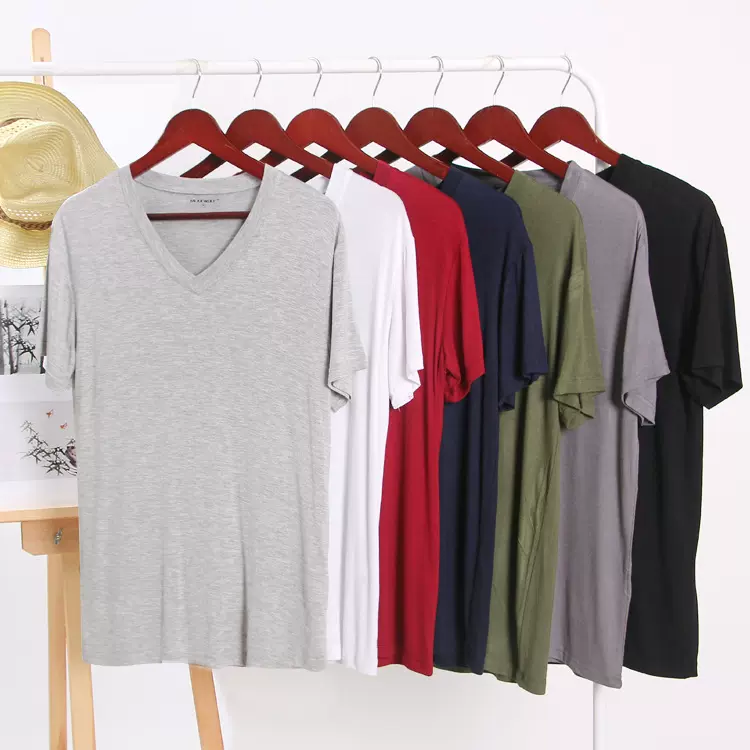 春季休闲T恤莫代尔男士t恤 纯色V领短袖 男打底衫厂家直供代加工