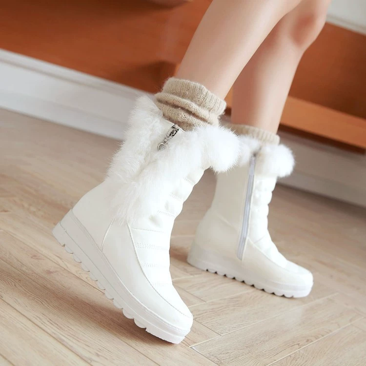 2021 новые сапоги до середины икры из кроличьего меха короткие сапоги на низком каблуке на танкетке теплые зимние сапоги повседневные сапоги для трансграничной внешней торговли большие размеры