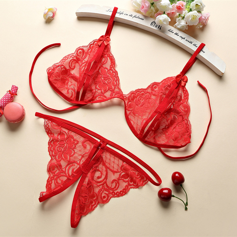 Wholesale Sexy Underwear Set Lace Small Bow Underwear Open Women's Three-Point C06
