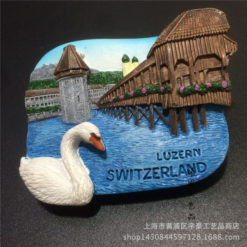 外贸旅游纪念冰箱贴瑞士卢塞恩琉森地标廊桥卡贝尔桥与天鹅湖现货