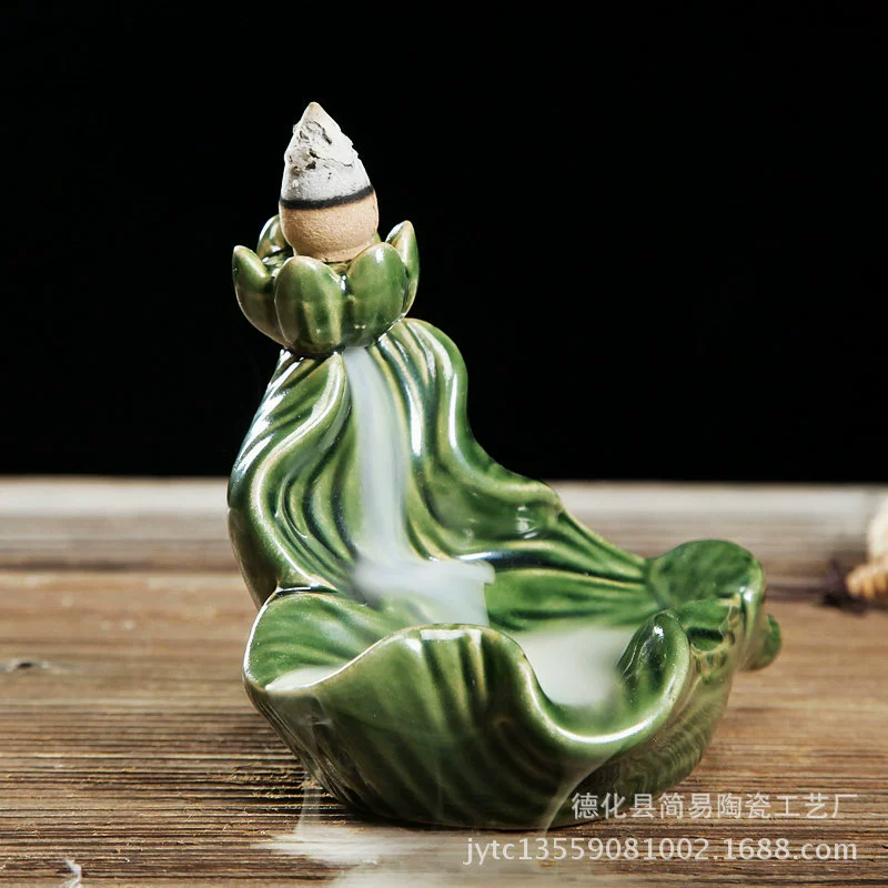 Backflow Incense Burner, Ceramic Aroma Lamp, Lotus Cascade Design, Boxed 60 pcs