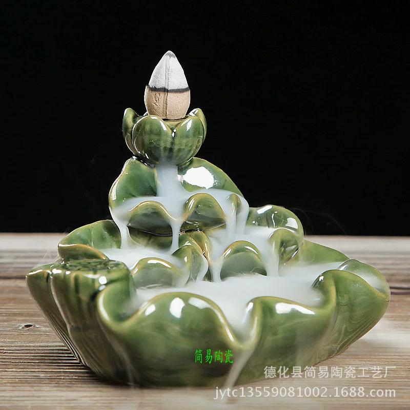 Backflow Incense Burner, Ceramic Aroma Lamp, Lotus Cascade Design, Boxed 60 pcs