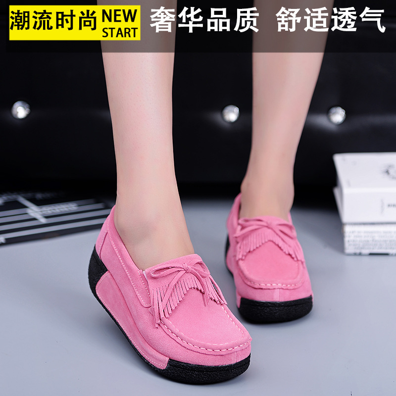 Primavera y otoño zapatos de mujer de muffin de borla de suela gruesa zapatos de cuña Zapatos de madre zapatos de mecedora de cuero planos zapatos de mujer TOS más el tamaño 43