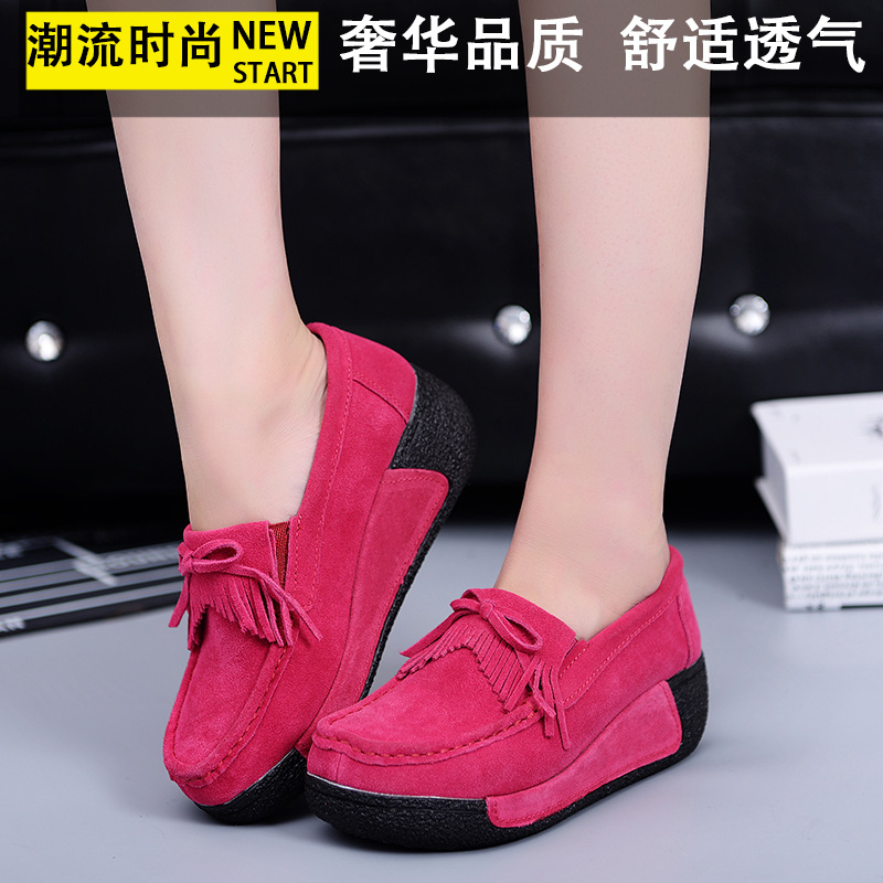 Primavera y otoño zapatos de mujer de muffin de borla de suela gruesa zapatos de cuña Zapatos de madre zapatos de mecedora de cuero planos zapatos de mujer TOS más el tamaño 43