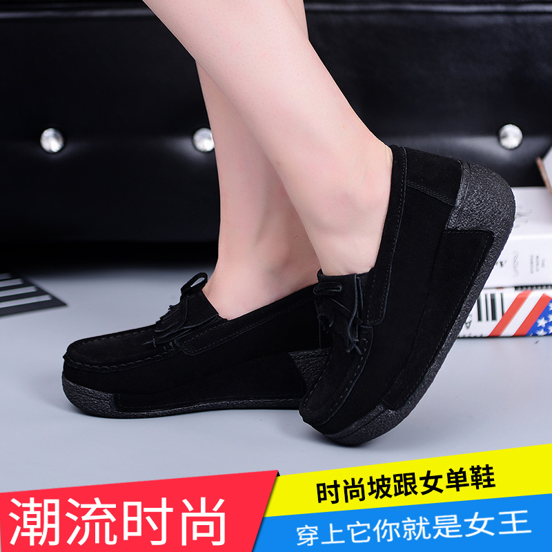 Primavera y otoño zapatos de mujer de muffin de borla de suela gruesa zapatos de cuña Zapatos de madre zapatos de mecedora de cuero planos zapatos de mujer TOS más el tamaño 43