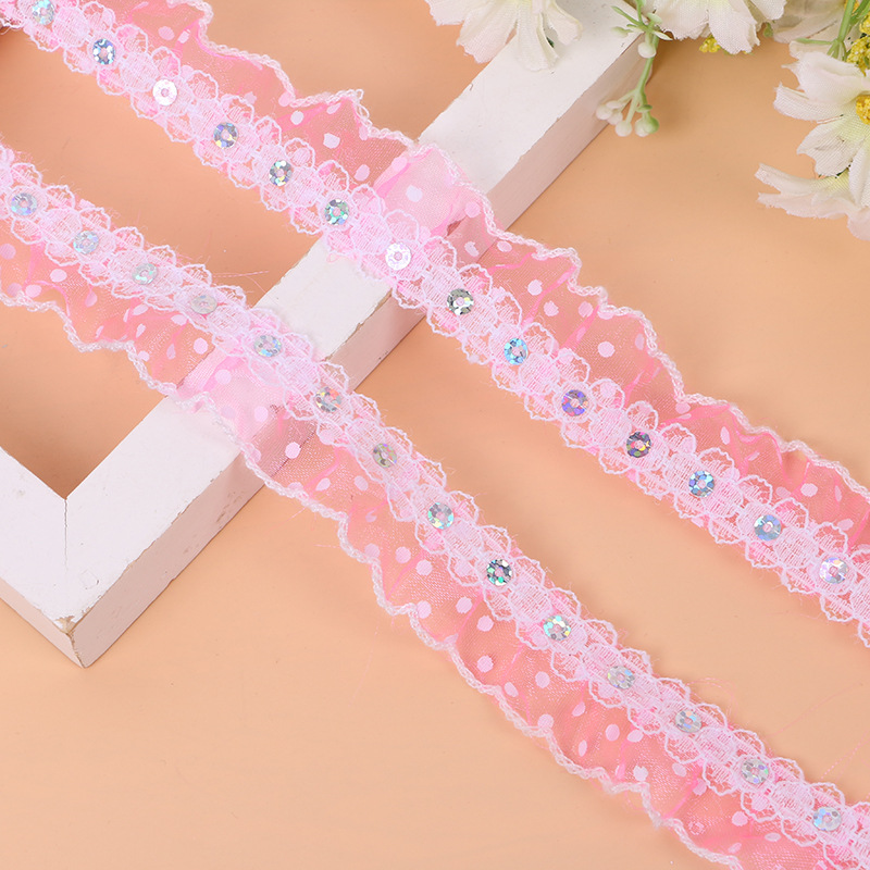 爆款多色亮片印点纱钩边打皱波浪花边童装童鞋装饰辅料批发直供