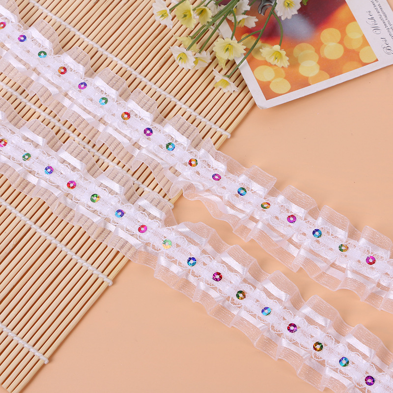 厂家批发DIY新款4条段纱带打折褶皱花边，中踩亮片小花边