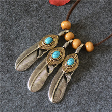复古欧美民族风韩国羽毛树叶宝石木珠吊坠长项链 毛衣链