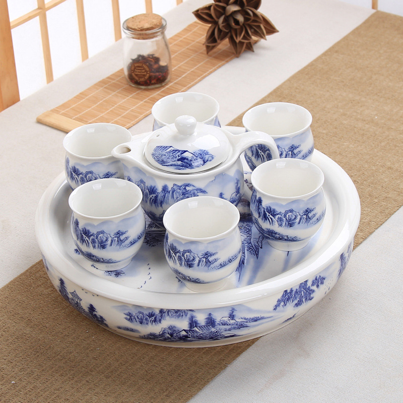 厂家供应大盘茶具双层防烫陶瓷功夫精品茶壶礼品套装白瓷青花瓷
