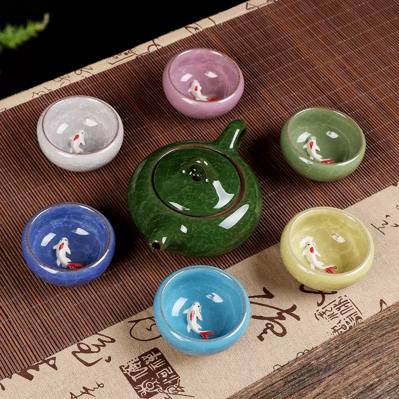 批发陶瓷茶具礼盒套装冰裂茶具套装鱼杯开业活动礼品赠品可印LOGO