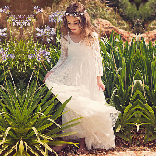 Girls' Autumn Long Sleeve Lace Dress Children's Dress Bell Sleeve Baby Dress Girls' Dress