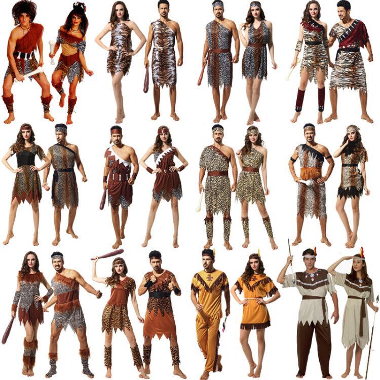 Хэллоуинская одежда Cos исполняет одежду, взрослые мужчины и женщины, коренные народы, индийский леопардовый дикая одежда