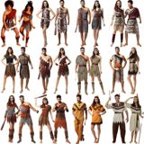 Хэллоуинская одежда Cos исполняет одежду, взрослые мужчины и женщины, коренные народы, индийский леопардовый дикая одежда