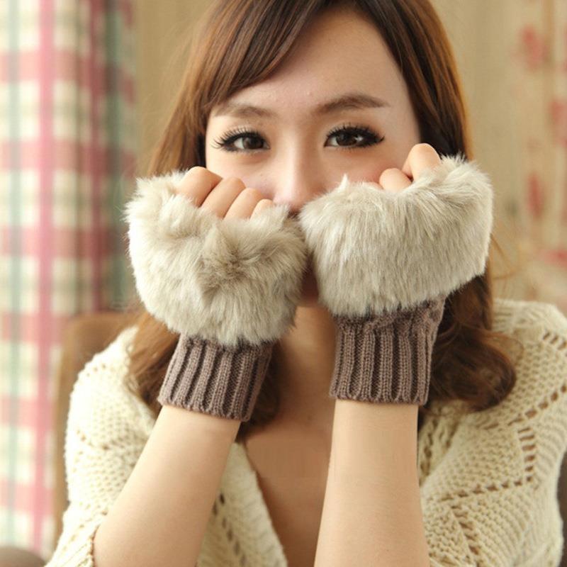 韩版秋冬季保暖手套 女士半指手套 毛绒加厚针织手套露指触屏手套