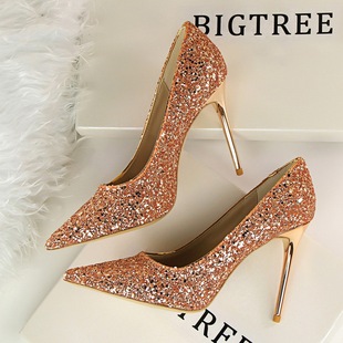 European and American style women's shoes high-heeled high-heeled spikes shining sequins Sexy and thin nightclub high heels single shoes