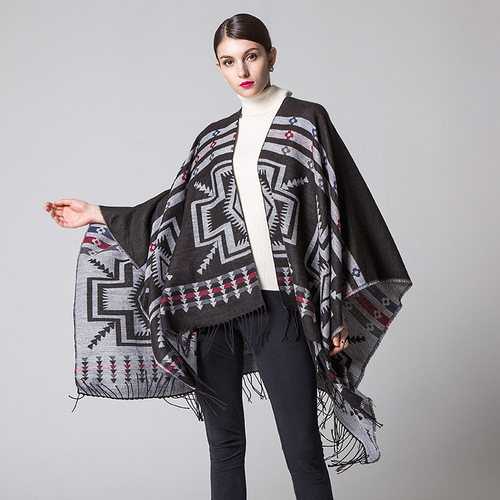 European and American popular cross plum blossom tassel lengthened and thickened imitation cashmere ethnic style travel slit shawl scarf