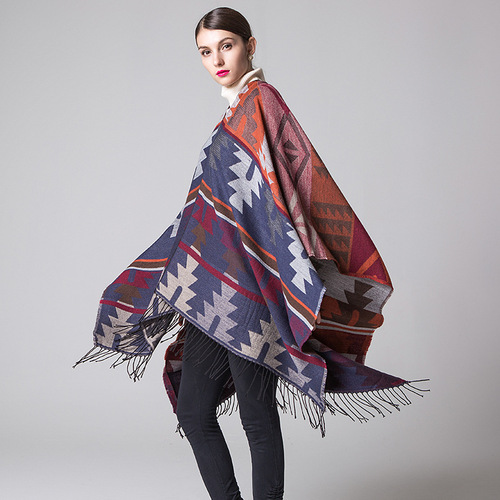 Indian geometric diamond lengthened and thickened imitation cashmere WISH ethnic style travel slit shawl cloak