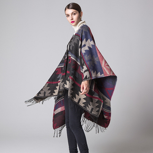 Indian geometric diamond lengthened and thickened imitation cashmere WISH ethnic style travel slit shawl cloak