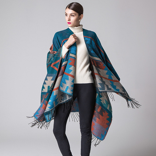 Indian geometric diamond lengthened and thickened imitation cashmere WISH ethnic style travel slit shawl cloak