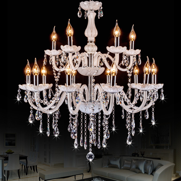 15-Cabeza de doble capa araña de cristal blanco lámpara de la vela blanca lechosa lámpara de cristal adecuado para sala de estar comedor dormitorio